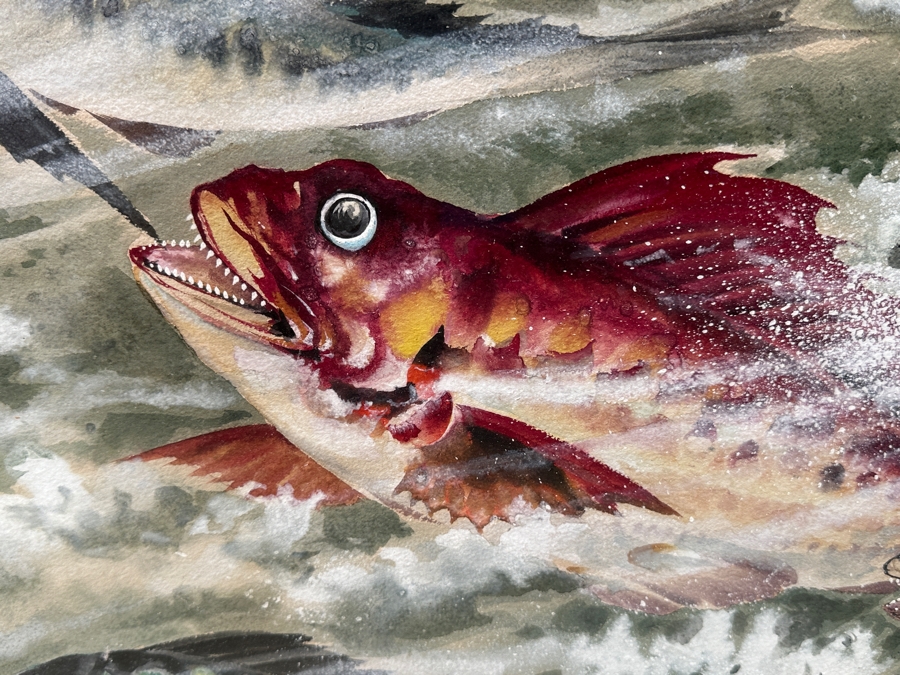 Toshio Aoki (1854-1912, Japan/California) Stunning Original Watercolor And Gouache On Paper Of Swimming Fish At Sea With Hand Carved Wooden Frame 39 X 28 Framed 46 X 35 [Photo 3]