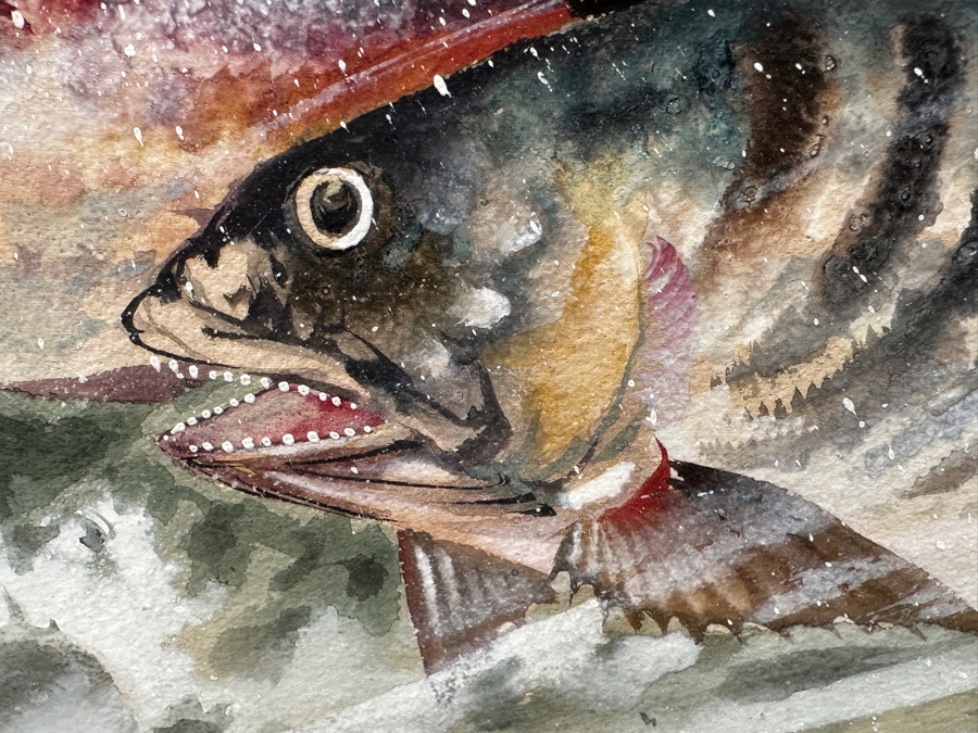 Toshio Aoki (1854-1912, Japan/California) Stunning Original Watercolor And Gouache On Paper Of Swimming Fish At Sea With Hand Carved Wooden Frame 39 X 28 Framed 46 X 35 [Photo 7]