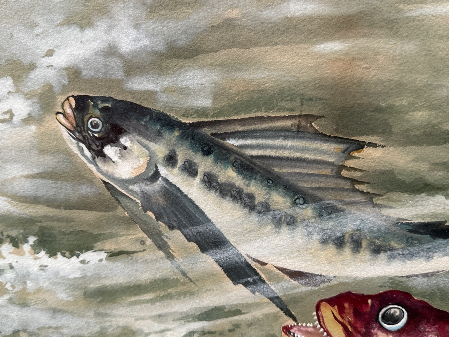 Toshio Aoki (1854-1912, Japan/California) Stunning Original Watercolor And Gouache On Paper Of Swimming Fish At Sea With Hand Carved Wooden Frame 39 X 28 Framed 46 X 35 [Photo 4]