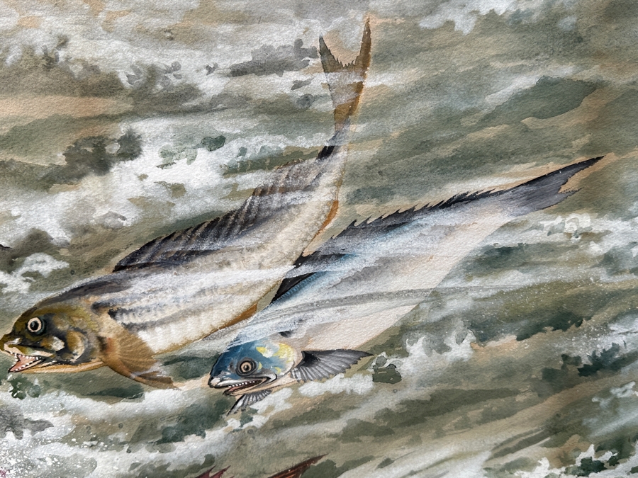 Toshio Aoki (1854-1912, Japan/California) Stunning Original Watercolor And Gouache On Paper Of Swimming Fish At Sea With Hand Carved Wooden Frame 39 X 28 Framed 46 X 35 [Photo 5]