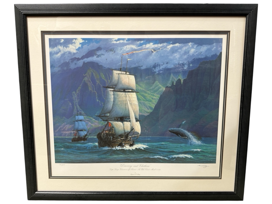 Raymond A. Massey Artist Hand Signed Limited Edition Print Titled 'Discovery And Chatham - Capt. George Vancouver Off Kauai's Na Pali Coast March 8, 1794' Numbered 111 Of 250 29 X 24 Framed 39 X 34 [Photo 2]