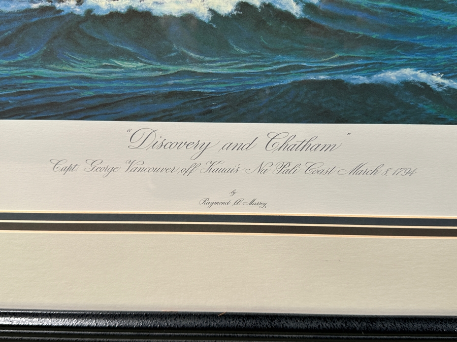 Raymond A. Massey Artist Hand Signed Limited Edition Print Titled 'Discovery And Chatham - Capt. George Vancouver Off Kauai's Na Pali Coast March 8, 1794' Numbered 111 Of 250 29 X 24 Framed 39 X 34 [Photo 7]