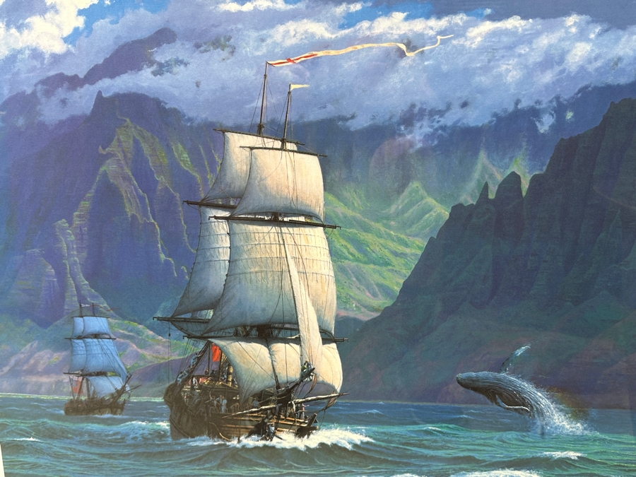 Raymond A. Massey Artist Hand Signed Limited Edition Print Titled 'Discovery And Chatham - Capt. George Vancouver Off Kauai's Na Pali Coast March 8, 1794' Numbered 111 Of 250 29 X 24 Framed 39 X 34 [Photo 5]