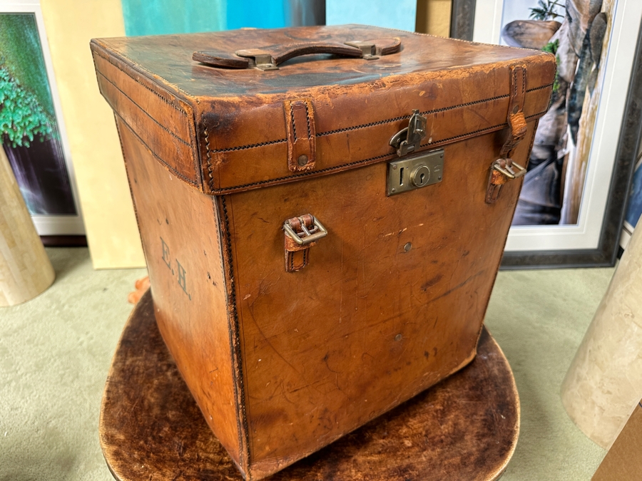 Antique J. C. Sweeney Newcastle On Tyne Leather Hat Box From England With Initials E. H. - Sold To Our Book Collector Client As Originally Owned By Ernest Hemmingway But Have No Provenance To Back Up Ownership 18W X 18D X 19.5H [Photo 4]