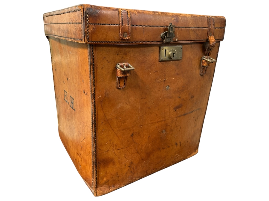 Antique J. C. Sweeney Newcastle On Tyne Leather Hat Box From England With Initials E. H. - Sold To Our Book Collector Client As Originally Owned By Ernest Hemmingway But Have No Provenance To Back Up Ownership 18W X 18D X 19.5H