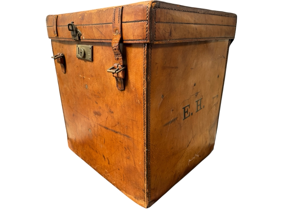 Antique J. C. Sweeney Newcastle On Tyne Leather Hat Box From England With Initials E. H. - Sold To Our Book Collector Client As Originally Owned By Ernest Hemmingway But Have No Provenance To Back Up Ownership 18W X 18D X 19.5H [Photo 2]