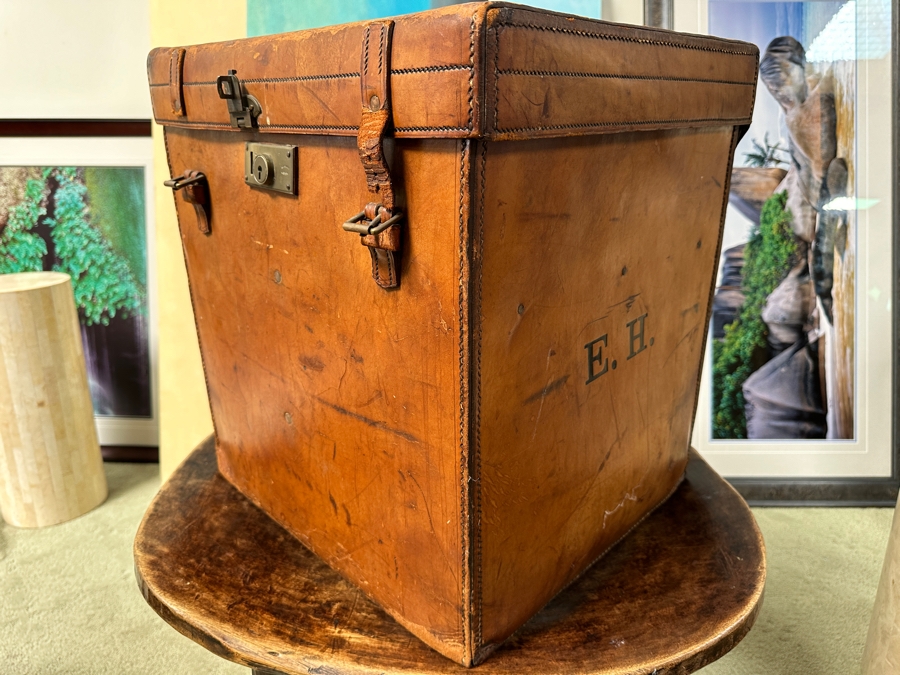 Antique J. C. Sweeney Newcastle On Tyne Leather Hat Box From England With Initials E. H. - Sold To Our Book Collector Client As Originally Owned By Ernest Hemmingway But Have No Provenance To Back Up Ownership 18W X 18D X 19.5H [Photo 9]