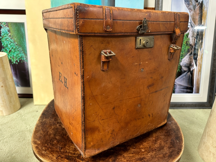 Antique J. C. Sweeney Newcastle On Tyne Leather Hat Box From England With Initials E. H. - Sold To Our Book Collector Client As Originally Owned By Ernest Hemmingway But Have No Provenance To Back Up Ownership 18W X 18D X 19.5H [Photo 3]