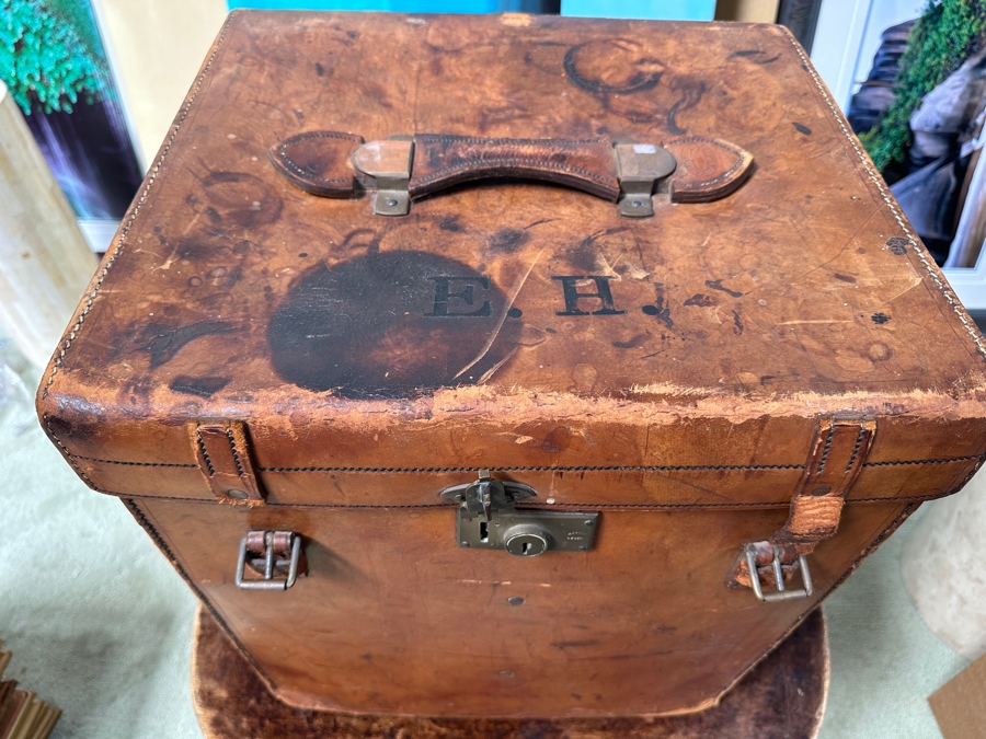 Antique J. C. Sweeney Newcastle On Tyne Leather Hat Box From England With Initials E. H. - Sold To Our Book Collector Client As Originally Owned By Ernest Hemmingway But Have No Provenance To Back Up Ownership 18W X 18D X 19.5H [Photo 5]