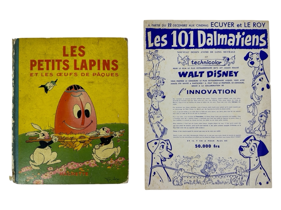 Vintage French Walt Disney Book Les Petits Lapins & French Paper Advertisement For Walt Disney's Les 101 Dalmations