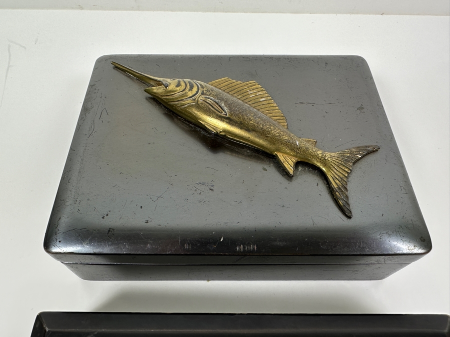 Metal Box With Applied Marlin Signed JB On Bottom And Mid-Century Inlaid Mother Of Pearl Wooden Lacquer Box 7W [Photo 3]