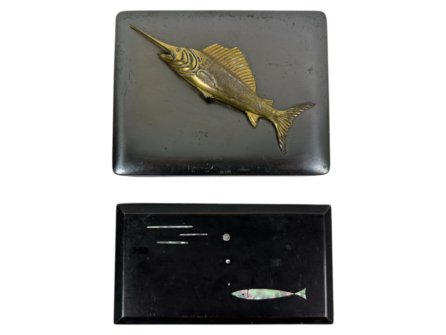 Metal Box With Applied Marlin Signed JB On Bottom And Mid-Century Inlaid Mother Of Pearl Wooden Lacquer Box 7W