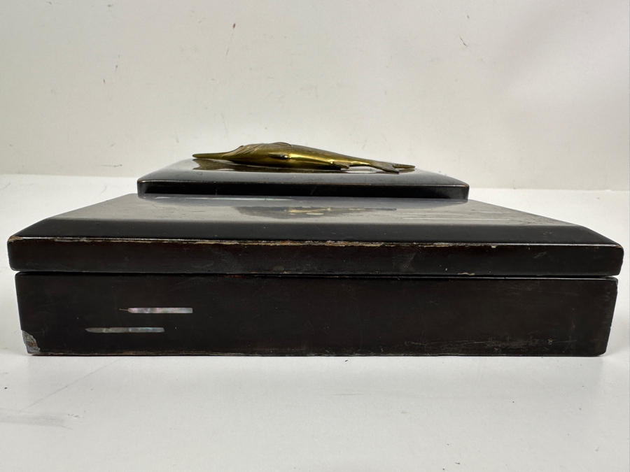 Metal Box With Applied Marlin Signed JB On Bottom And Mid-Century Inlaid Mother Of Pearl Wooden Lacquer Box 7W [Photo 10]