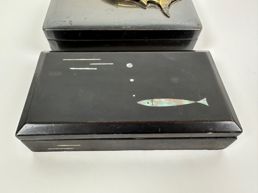 Metal Box With Applied Marlin Signed JB On Bottom And Mid-Century Inlaid Mother Of Pearl Wooden Lacquer Box 7W [Photo 4]