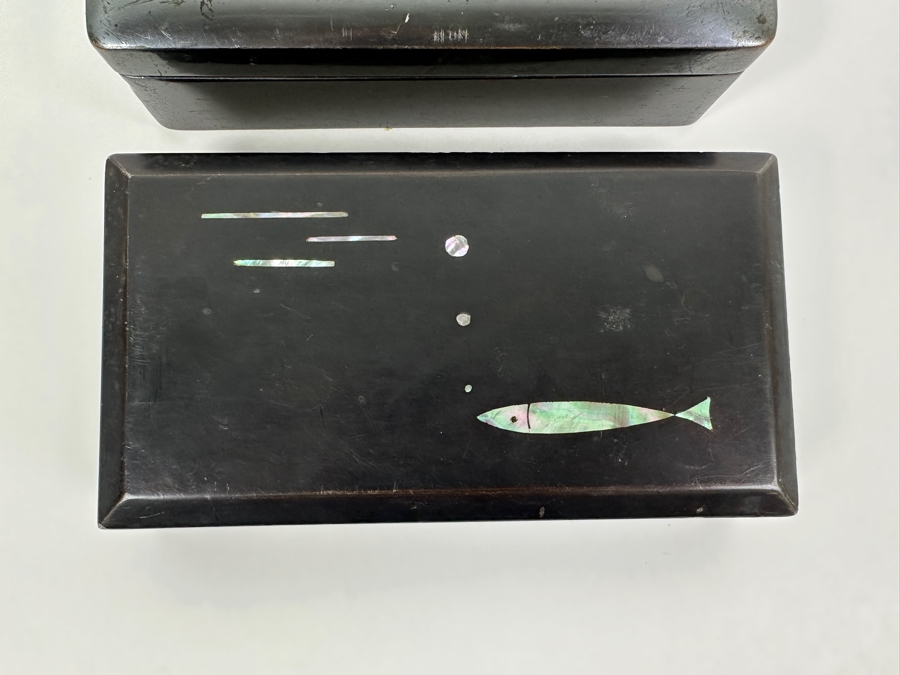 Metal Box With Applied Marlin Signed JB On Bottom And Mid-Century Inlaid Mother Of Pearl Wooden Lacquer Box 7W [Photo 2]