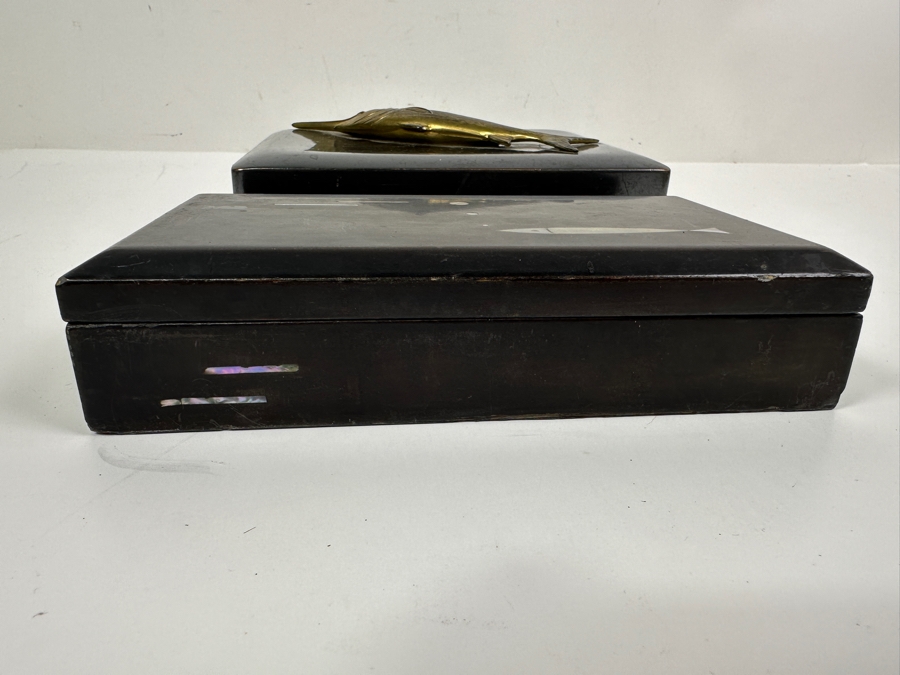 Metal Box With Applied Marlin Signed JB On Bottom And Mid-Century Inlaid Mother Of Pearl Wooden Lacquer Box 7W [Photo 9]
