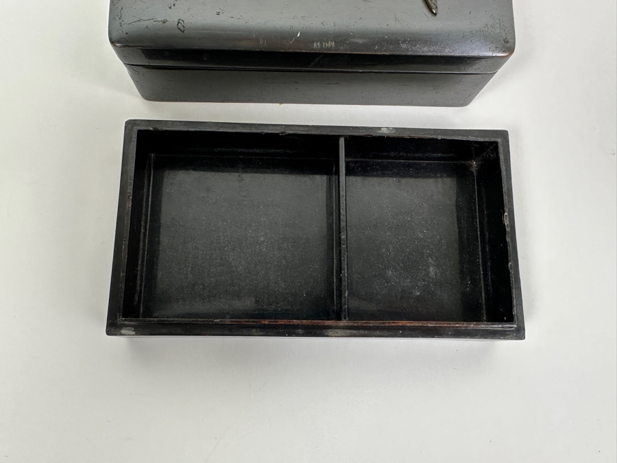 Metal Box With Applied Marlin Signed JB On Bottom And Mid-Century Inlaid Mother Of Pearl Wooden Lacquer Box 7W [Photo 5]