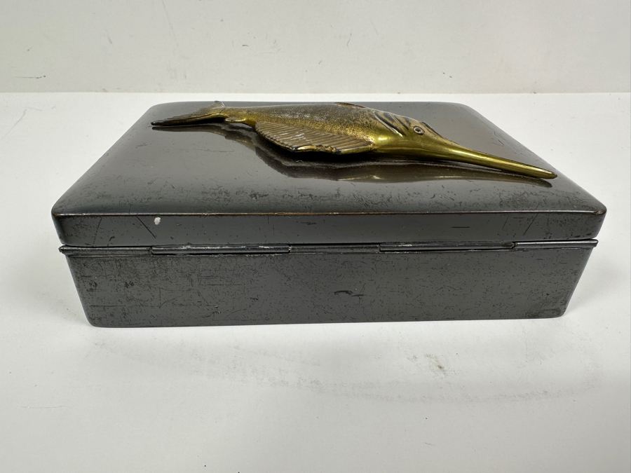 Metal Box With Applied Marlin Signed JB On Bottom And Mid-Century Inlaid Mother Of Pearl Wooden Lacquer Box 7W [Photo 12]