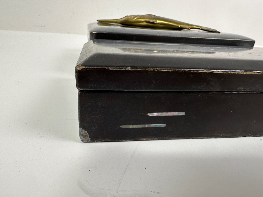 Metal Box With Applied Marlin Signed JB On Bottom And Mid-Century Inlaid Mother Of Pearl Wooden Lacquer Box 7W [Photo 11]