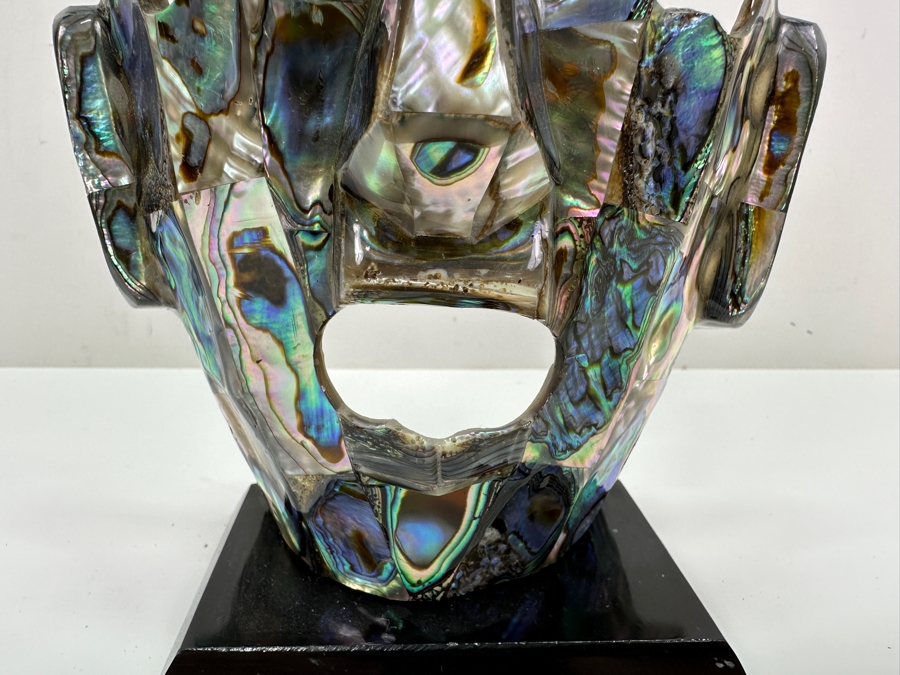 Vintage Abalone Shell Mayan Style Mask Sculpture On Stand 7.5H [Photo 4]