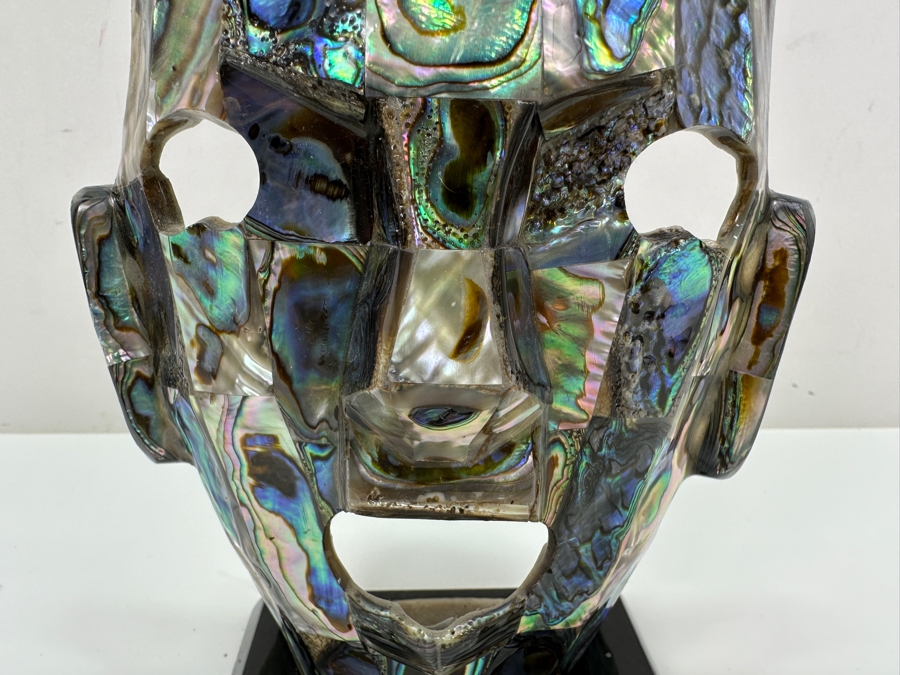 Vintage Abalone Shell Mayan Style Mask Sculpture On Stand 7.5H [Photo 3]