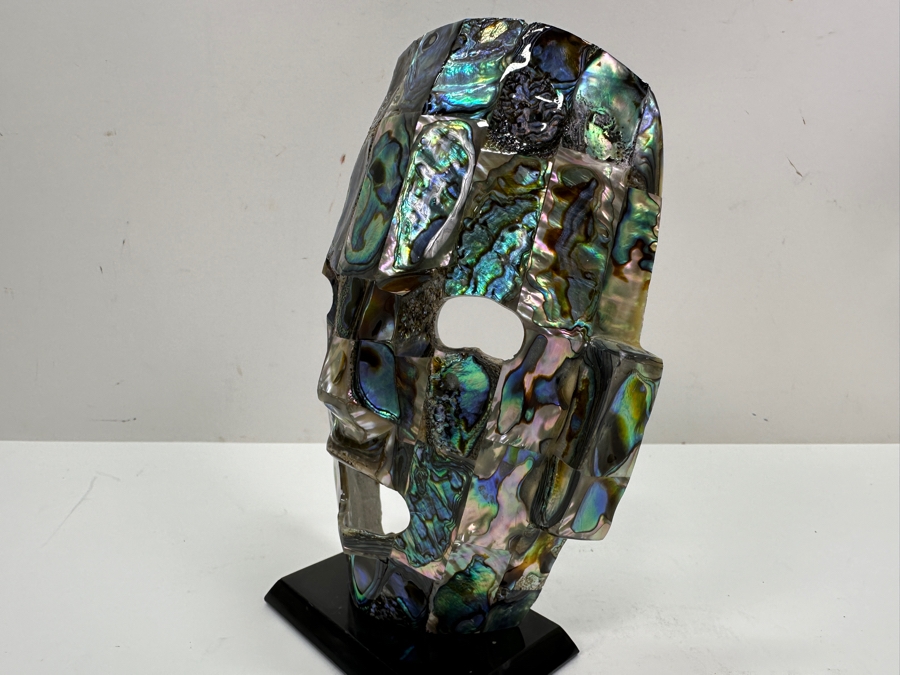 Vintage Abalone Shell Mayan Style Mask Sculpture On Stand 7.5H [Photo 7]