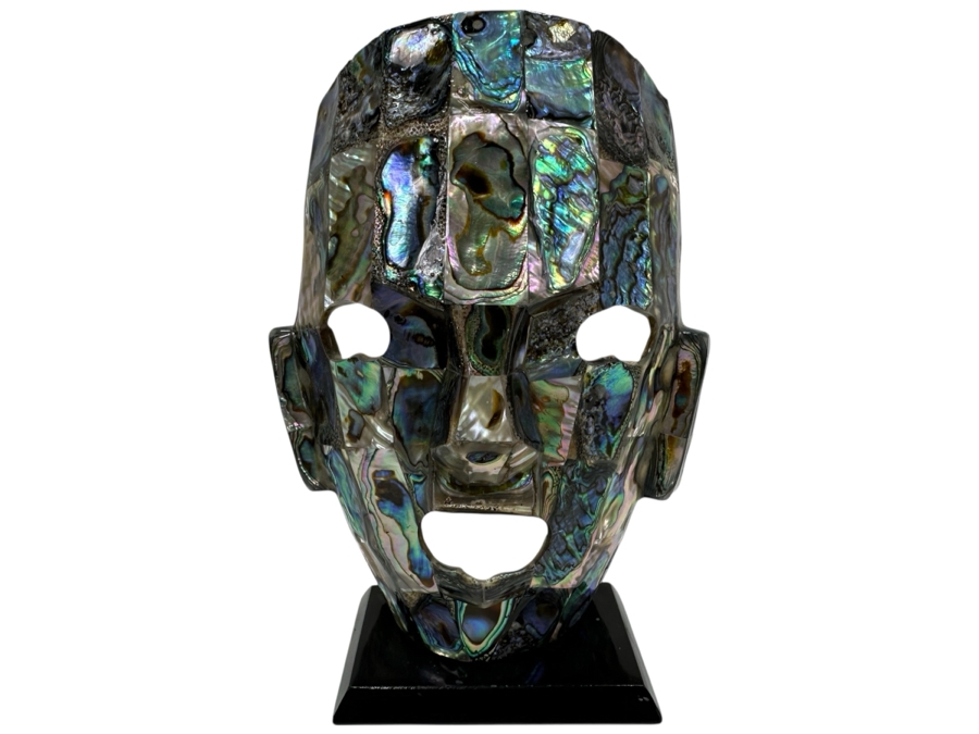 Vintage Abalone Shell Mayan Style Mask Sculpture On Stand 7.5H