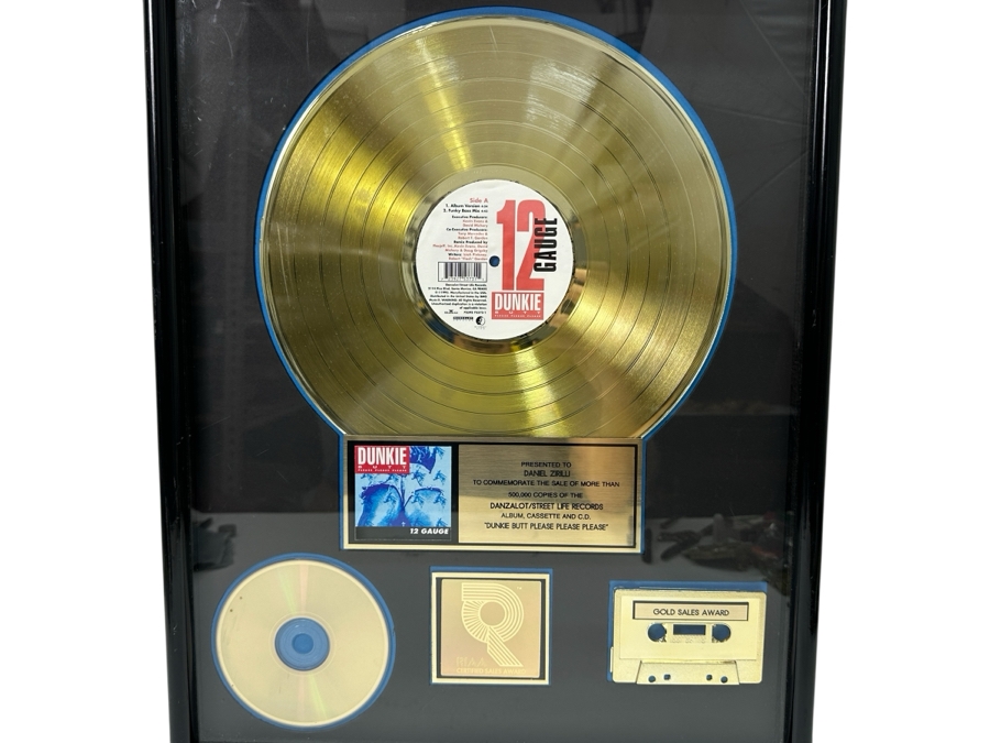 Framed Gold Record 12 Gauge Gold Sales Award Presented To Daniel Zirilli To Commemorate The Sale Of 500,000 Copies Of The Danzalot/Street Life Records 'Dunkie Butt Please Please Please' Framed 17 X 21