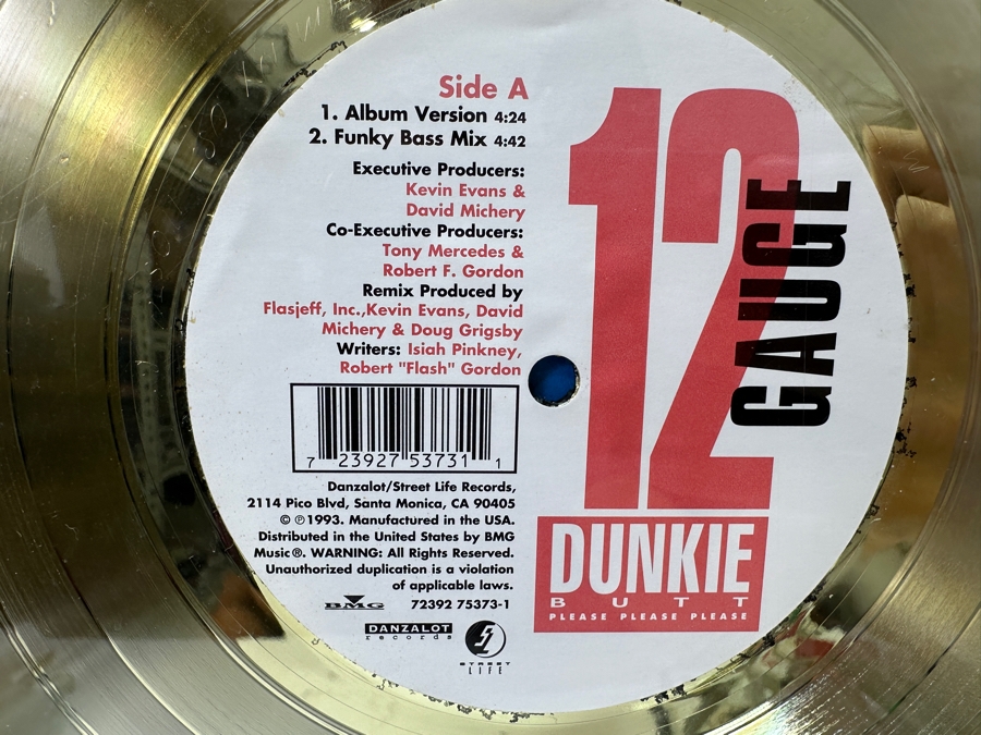 Framed Gold Record 12 Gauge Gold Sales Award Presented To Daniel Zirilli To Commemorate The Sale Of 500,000 Copies Of The Danzalot/Street Life Records 'Dunkie Butt Please Please Please' Framed 17 X 21 [Photo 4]