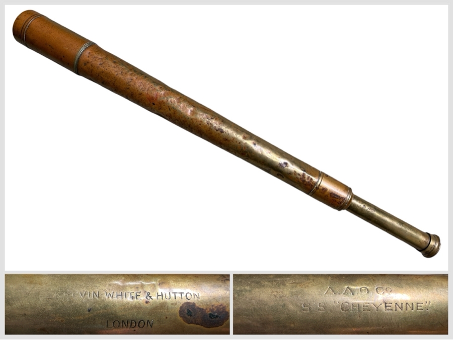 Antique British Brass Naval Telescope By Calvin, White & Hutton London Engraved S. S. 'Cheyenne' 32'L