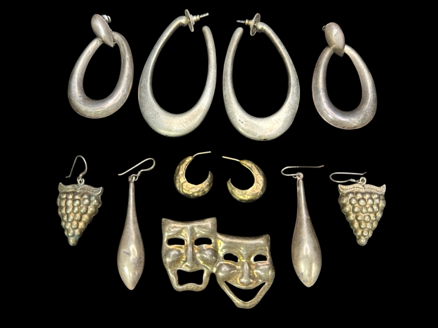 Five Pairs Of Sterling Silver Earrings & One Sterling Silver Brooch Pin 64.9g