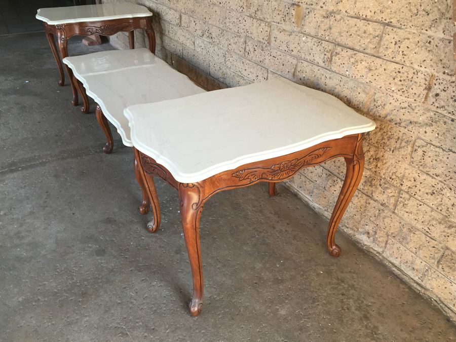 Cherry Wood Coffee Table and Two End Tables with Faux Marble Tops [Photo 2]