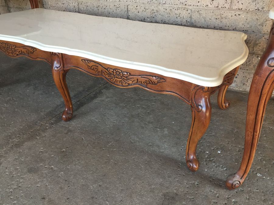 Cherry Wood Coffee Table and Two End Tables with Faux Marble Tops [Photo 7]