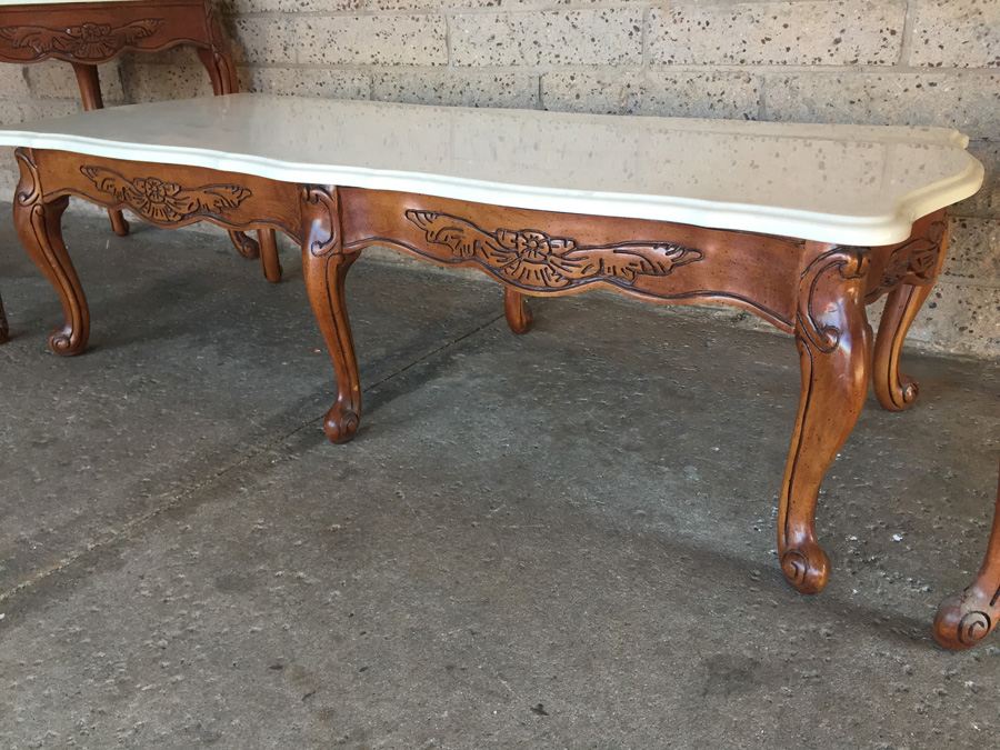 Cherry Wood Coffee Table and Two End Tables with Faux Marble Tops [Photo 8]