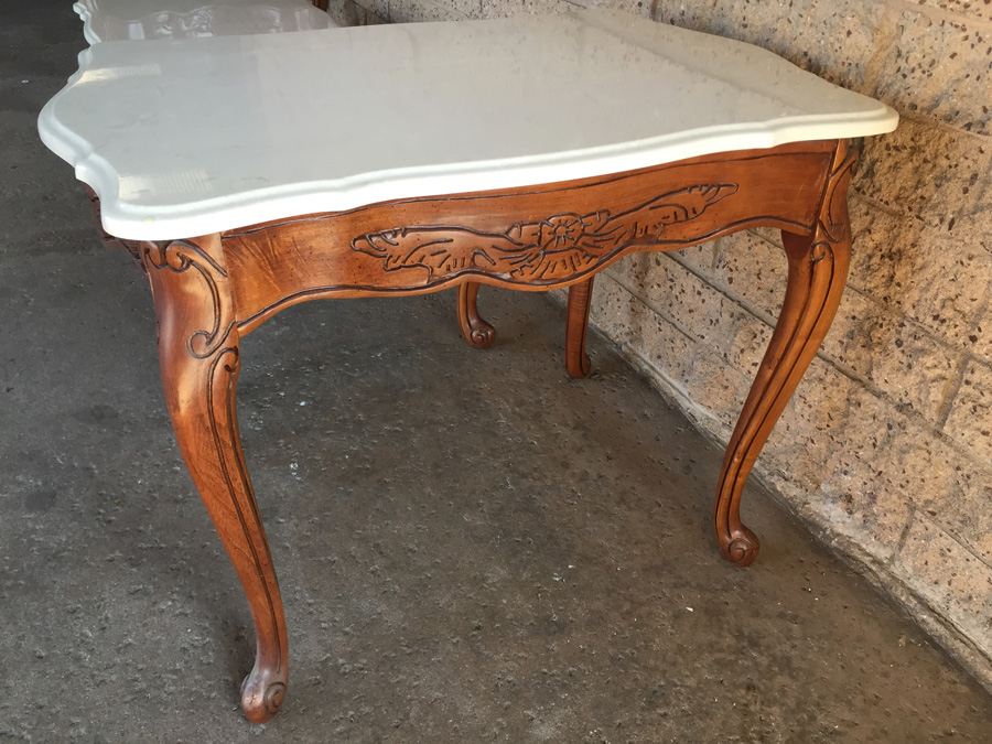 Cherry Wood Coffee Table and Two End Tables with Faux Marble Tops [Photo 3]