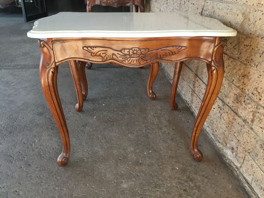 Cherry Wood Coffee Table and Two End Tables with Faux Marble Tops [Photo 4]
