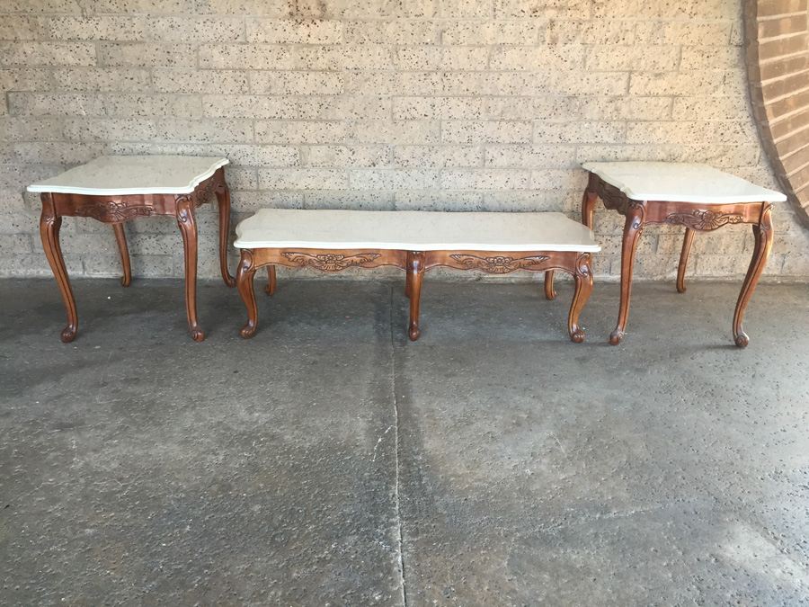 Cherry Wood Coffee Table and Two End Tables with Faux Marble Tops
