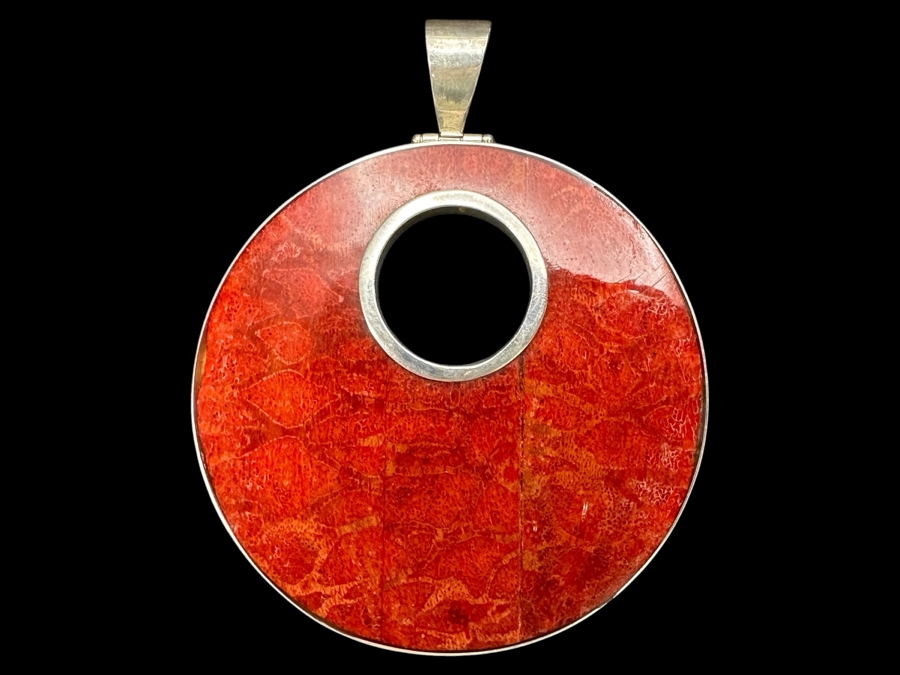 Sterling Silver Framed Red Coral Pendant 19.3g