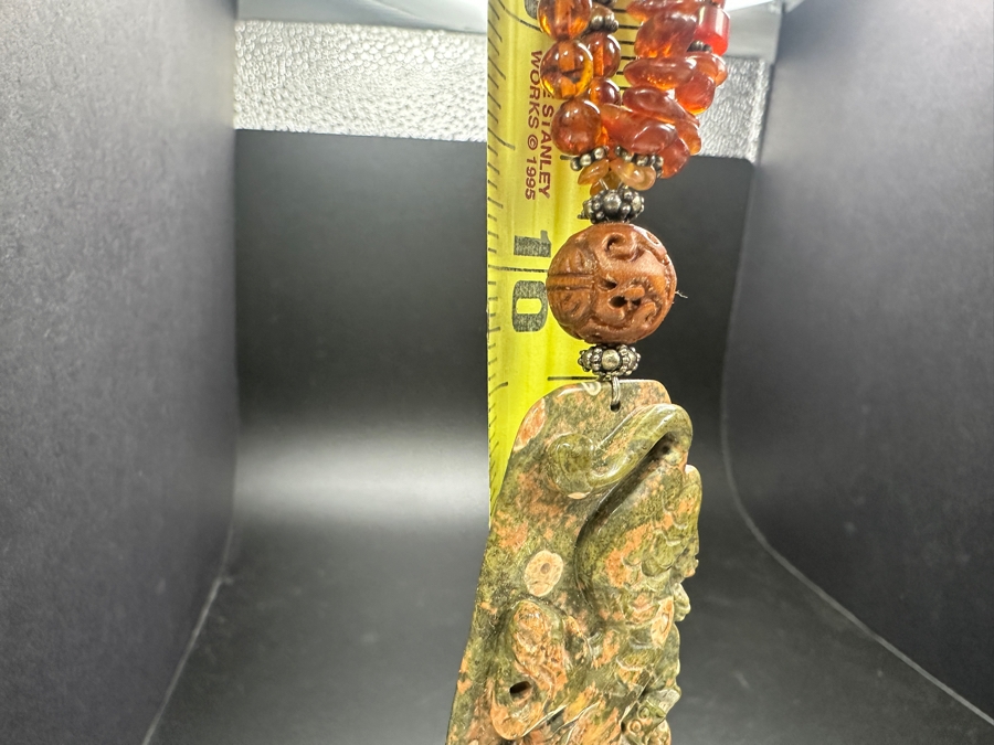 Amber & Sterling Silver Beaded 20' Necklace With Carved Stone Dragon Pendant 55.6g [Photo 6]