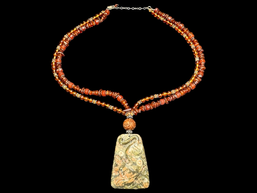 Amber & Sterling Silver Beaded 20' Necklace With Carved Stone Dragon Pendant 55.6g