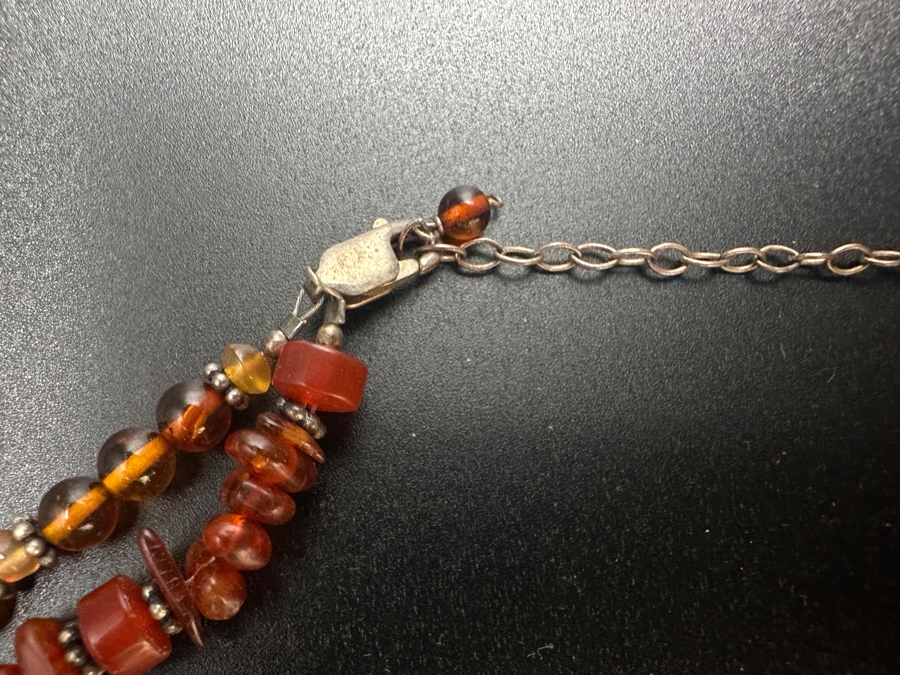 Amber & Sterling Silver Beaded 20' Necklace With Carved Stone Dragon Pendant 55.6g [Photo 4]