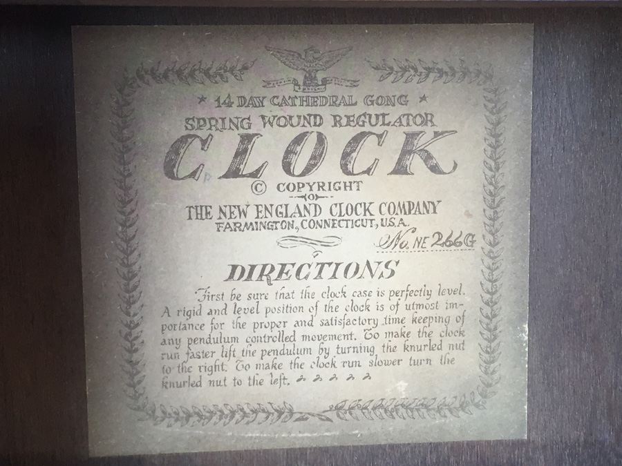 Reproduction Regulator Clock - New England Clock  Farmington, Conn. 1974 [Photo 8]