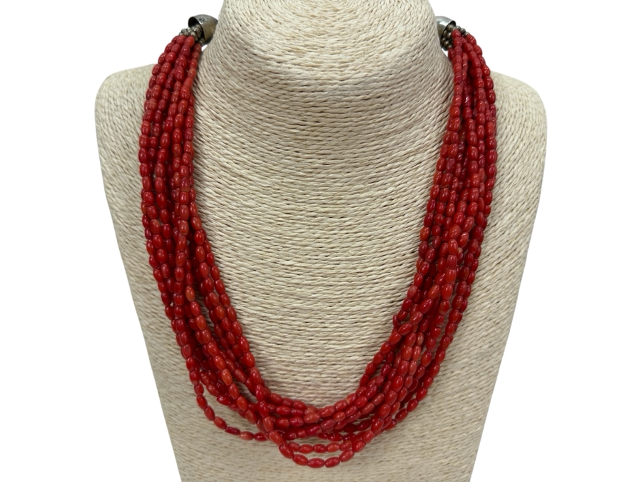 Red Coral Bead Necklace With Sterling Silver Beads & Clasp 90.6g