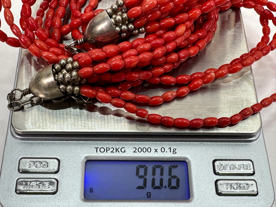 Red Coral Bead Necklace With Sterling Silver Beads & Clasp 90.6g [Photo 5]