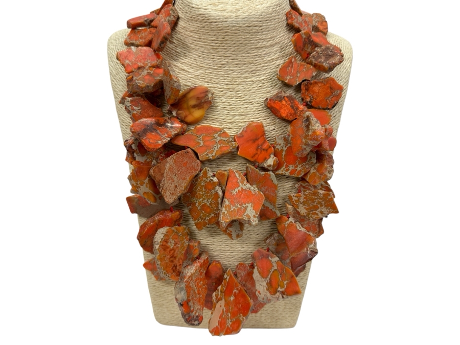 Orange Sea Sediment Jasper 26' Statement Necklace With Sterling Silver Clasp