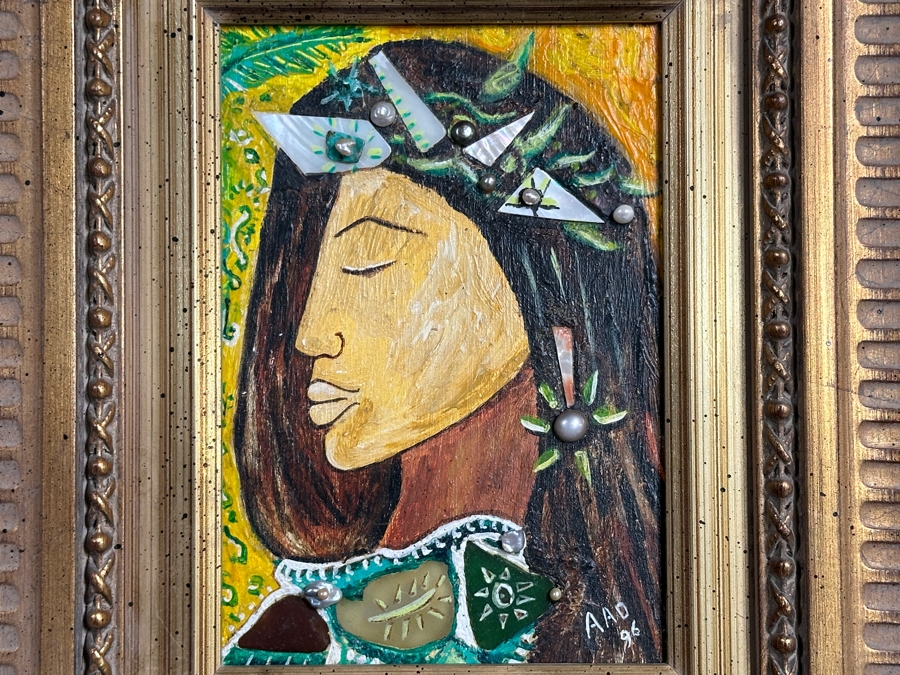 Aad Van Der Heyde (-2018, Dutch) Original Mixed Media Painting On Board Titled 'Jaqueline' Titled And Signed Verso Moorea (Island In French Polynesia) Dated 1996 5 X 7 Framed 13 X 15