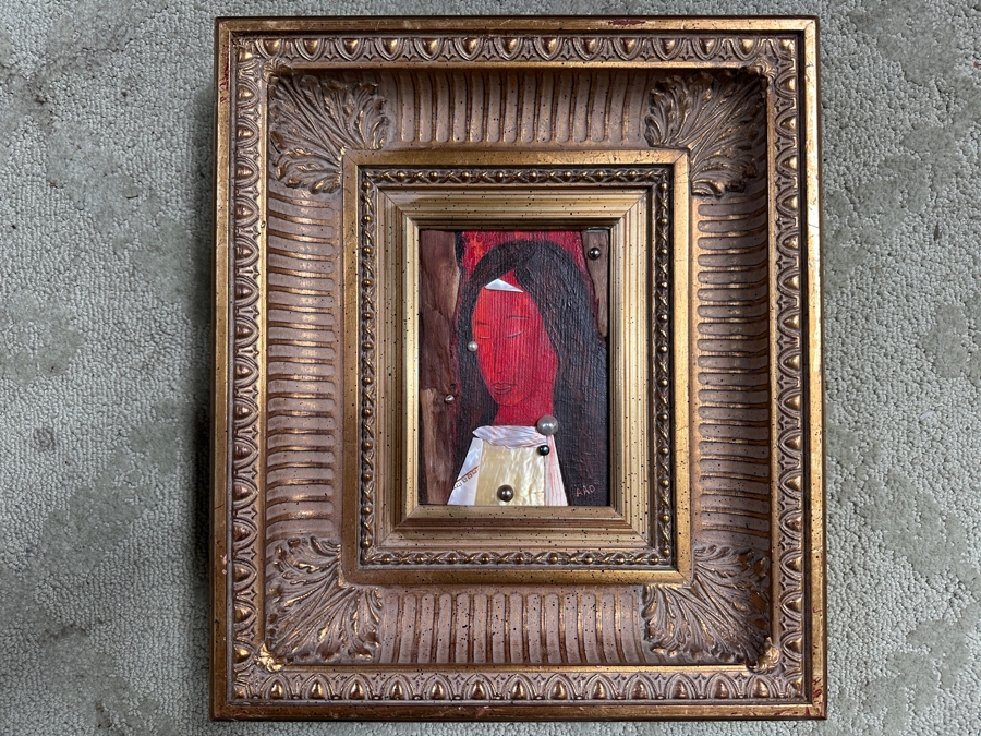 Aad Van Der Heyde (-2018, Dutch) Original Mixed Media Painting On Board Titled 'Portrait En Rouge' Titled And Signed Verso Moorea (Island In French Polynesia) 5 X 7 Framed 13 X 15 [Photo 3]