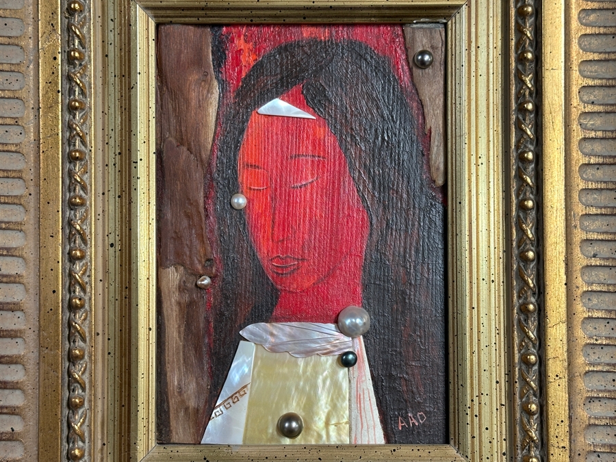 Aad Van Der Heyde (-2018, Dutch) Original Mixed Media Painting On Board Titled 'Portrait En Rouge' Titled And Signed Verso Moorea (Island In French Polynesia) 5 X 7 Framed 13 X 15