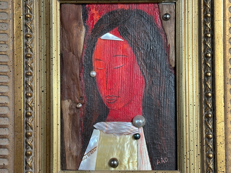 Aad Van Der Heyde (-2018, Dutch) Original Mixed Media Painting On Board Titled 'Portrait En Rouge' Titled And Signed Verso Moorea (Island In French Polynesia) 5 X 7 Framed 13 X 15 [Photo 4]