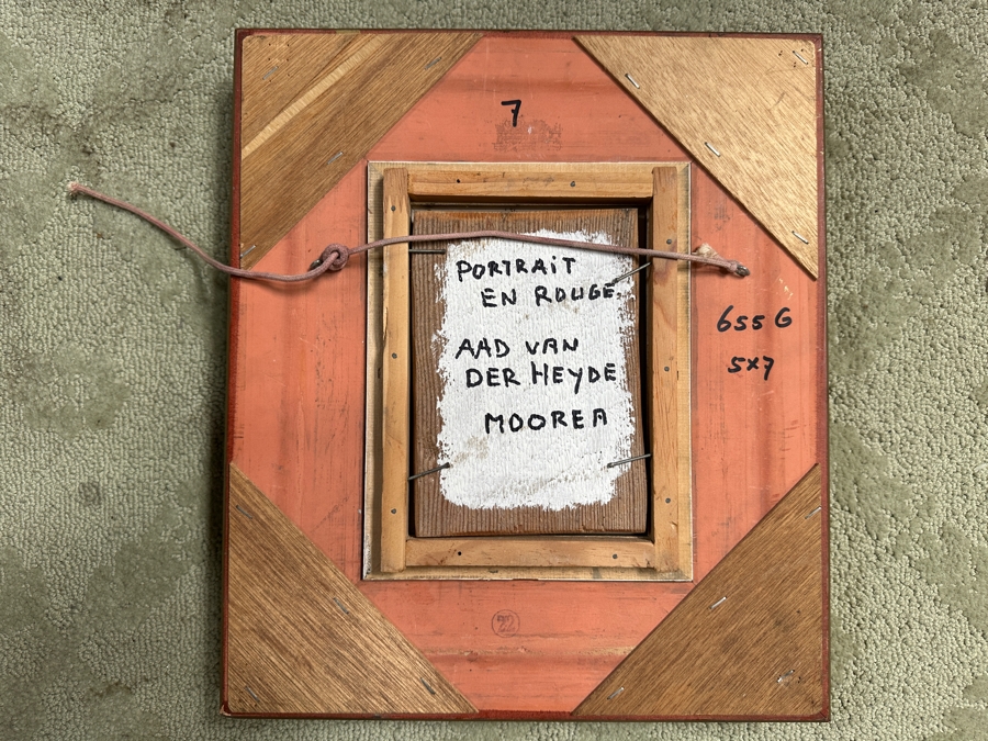 Aad Van Der Heyde (-2018, Dutch) Original Mixed Media Painting On Board Titled 'Portrait En Rouge' Titled And Signed Verso Moorea (Island In French Polynesia) 5 X 7 Framed 13 X 15 [Photo 8]